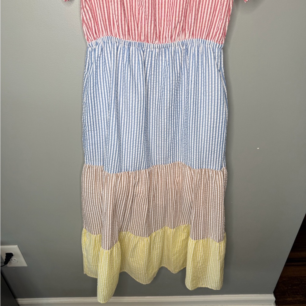 Urban Outfitters Off Shoulder Multi Seersucker Stripes Midi Dress - Picture 8 of 12